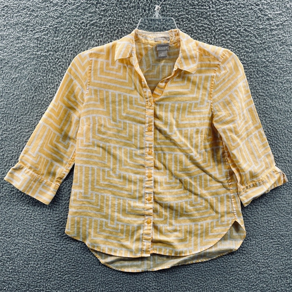 Chicos Womens Linen Top Yellow Geometric Button Front Shirt Artsy Casual No Iron